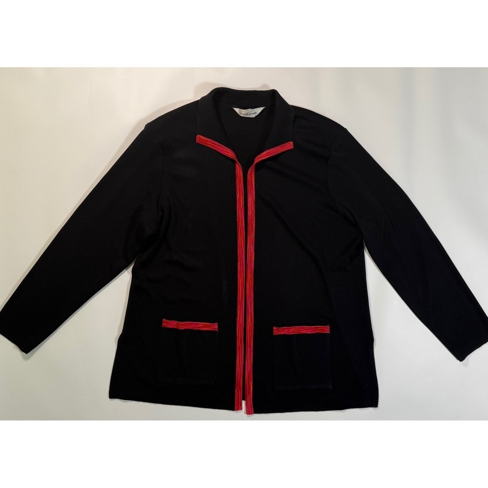 Exclusively Misook Black Knit Red Trim Open Front Cardigan in Size XL‎